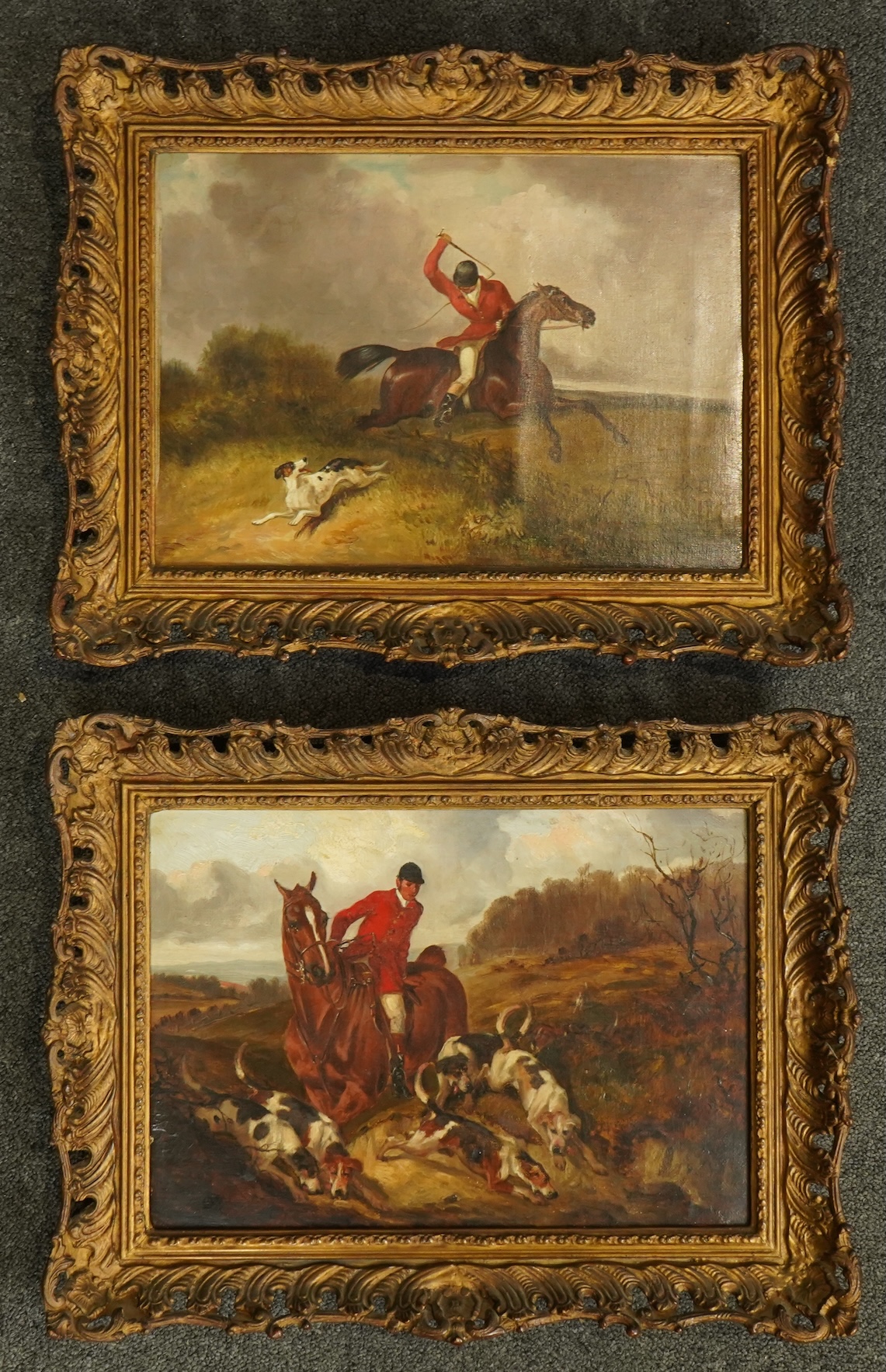 John Alfred Wheeler (English, 1821-1903), Hunting scenes, oil on canvas, a pair, 24 x 34.5cm